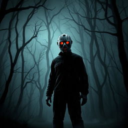 A terrifying poster for a scary movie featuring a creepy maniac standing in a sinister forest, engulfed in fog