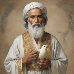 Illustration of Prophet Solomon, wearing traditional attire, his wisdom and serenity portrayed through his calm expression. In his right hand, he gently holds a beautifully detailed bird.