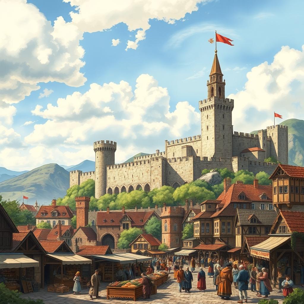 A captivating illustration of a medieval castle city, featuring a detailed skyline of stone towers, castle walls, and ancient buildings bustling with life