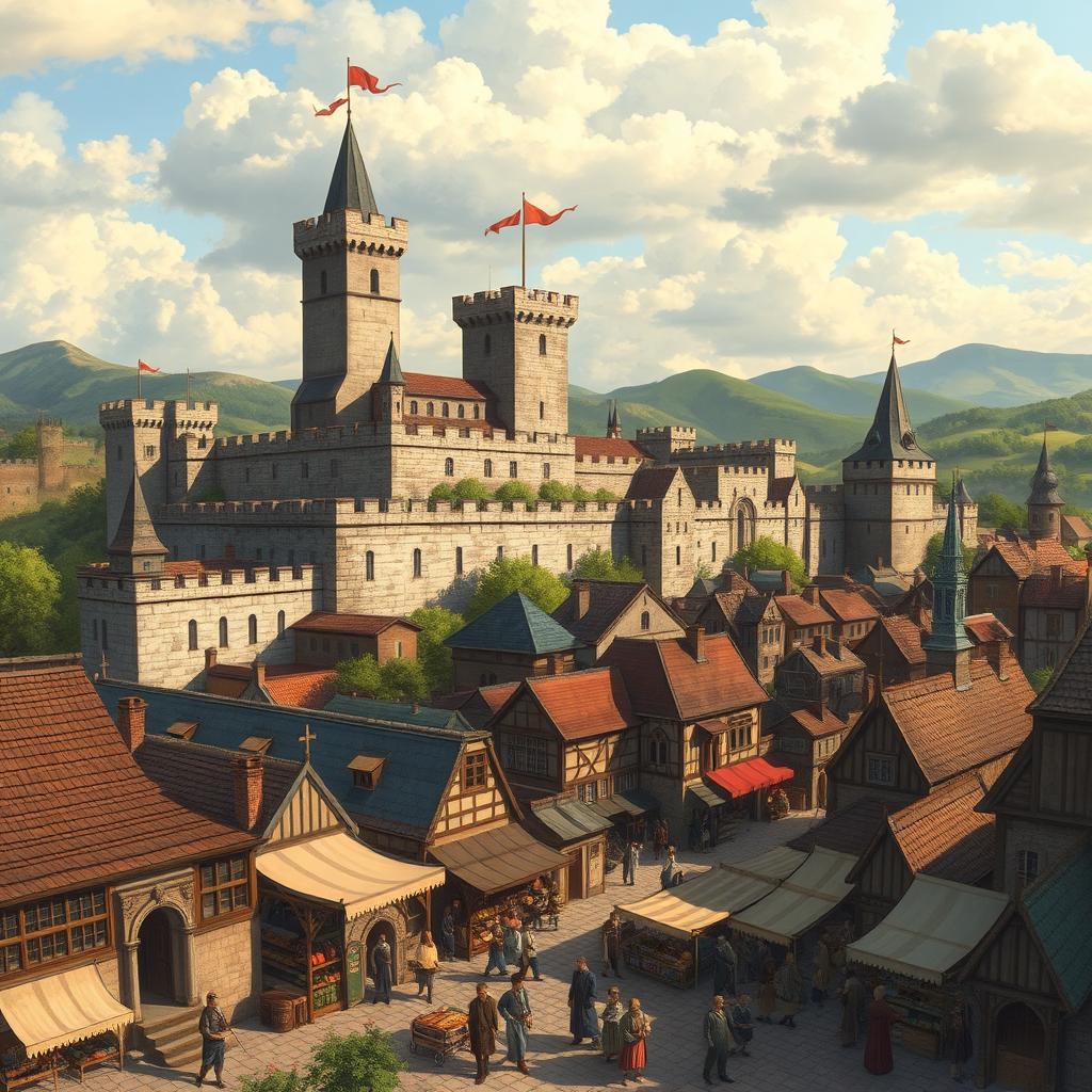 A captivating illustration of a medieval castle city, featuring a detailed skyline of stone towers, castle walls, and ancient buildings bustling with life