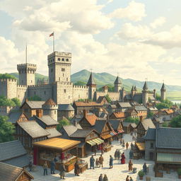 A captivating illustration of a medieval castle city, featuring a detailed skyline of stone towers, castle walls, and ancient buildings bustling with life