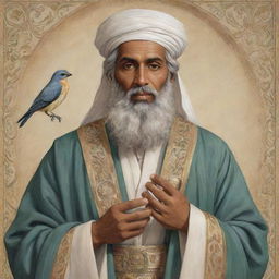 Illustration of Prophet Solomon, wearing traditional attire, his wisdom and serenity portrayed through his calm expression. In his right hand, he gently holds a beautifully detailed bird.