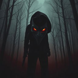 A poster for a scary movie featuring a creepy maniac standing in a dark, foggy forest