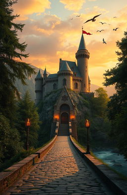 A majestic ancient castle perched atop a rocky hill surrounded by lush green forests and a serene river flowing nearby