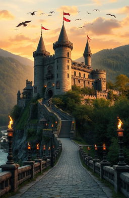 A majestic ancient castle perched atop a rocky hill surrounded by lush green forests and a serene river flowing nearby