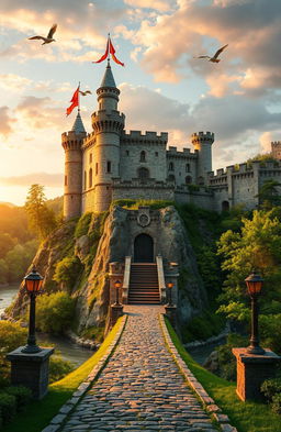 A majestic ancient castle perched atop a rocky hill surrounded by lush green forests and a serene river flowing nearby