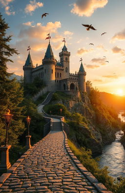 A majestic ancient castle perched atop a rocky hill surrounded by lush green forests and a serene river flowing nearby