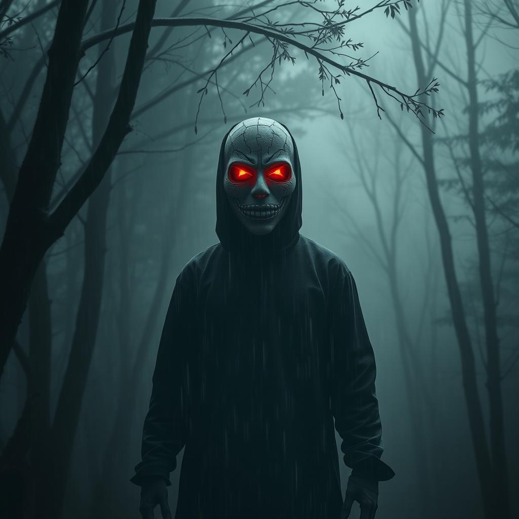 A hyper-realistic scene in a foggy, dark forest featuring a menacing maniac