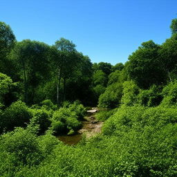 A breathtaking landscape brimming with lush green vegetation, a clear blue sky, babbling brook and a variety of vibrant wildlife interacting within their natural habitat.