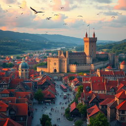 A grand and sprawling medieval city with an imposing ancient castle standing at its heart