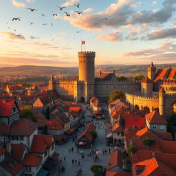 A grand and sprawling medieval city with an imposing ancient castle standing at its heart