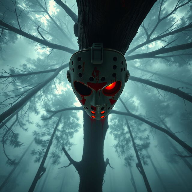 A stunning and terrifying image captured from a camera mounted on a tall tree in a foggy forest