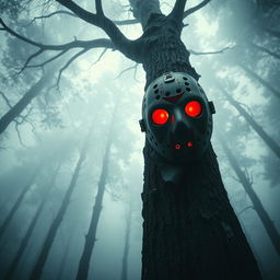 A stunning and terrifying image captured from a camera mounted on a tall tree in a foggy forest