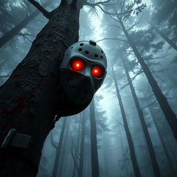 A stunning and terrifying image captured from a camera mounted on a tall tree in a foggy forest