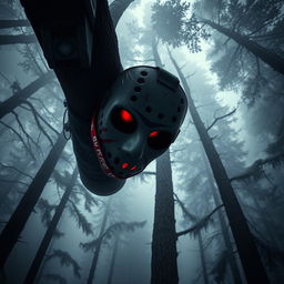 A stunning and terrifying image captured from a camera mounted on a tall tree in a foggy forest