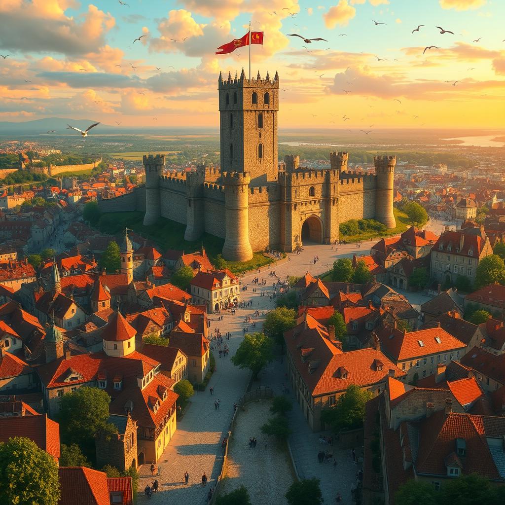 A grand and sprawling medieval city with an imposing ancient castle standing at its heart