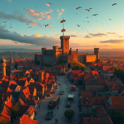 A grand and sprawling medieval city with an imposing ancient castle standing at its heart