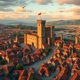 A grand and sprawling medieval city with an imposing ancient castle standing at its heart