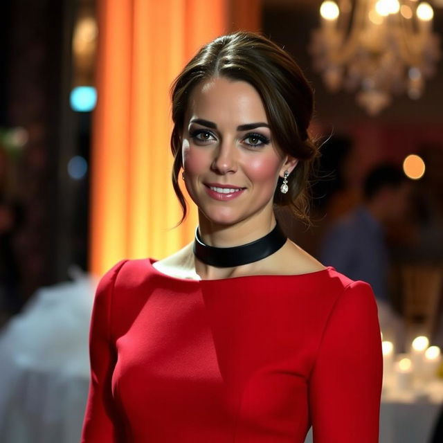 Kate Middleton wearing a stylish red short dress, complementing her elegant figure, with a sophisticated black leather choker