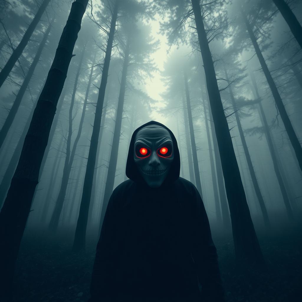 A haunting scene captured from a camera appearing to fly at the level of tall trees, about 6 meters above the ground, looking down towards a menacing maniac in the dark, foggy forest