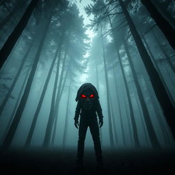 A haunting scene captured from a camera appearing to fly at the level of tall trees, about 6 meters above the ground, looking down towards a menacing maniac in the dark, foggy forest