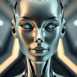 A sleek and futuristic humanoid AI model with an elegant and sophisticated face, characterized by smooth contours and a serene expression