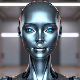 A sleek and futuristic humanoid AI model with an elegant and sophisticated face, characterized by smooth contours and a serene expression