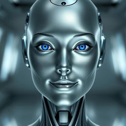 A sleek and futuristic humanoid AI model with an elegant and sophisticated face, characterized by smooth contours and a serene expression