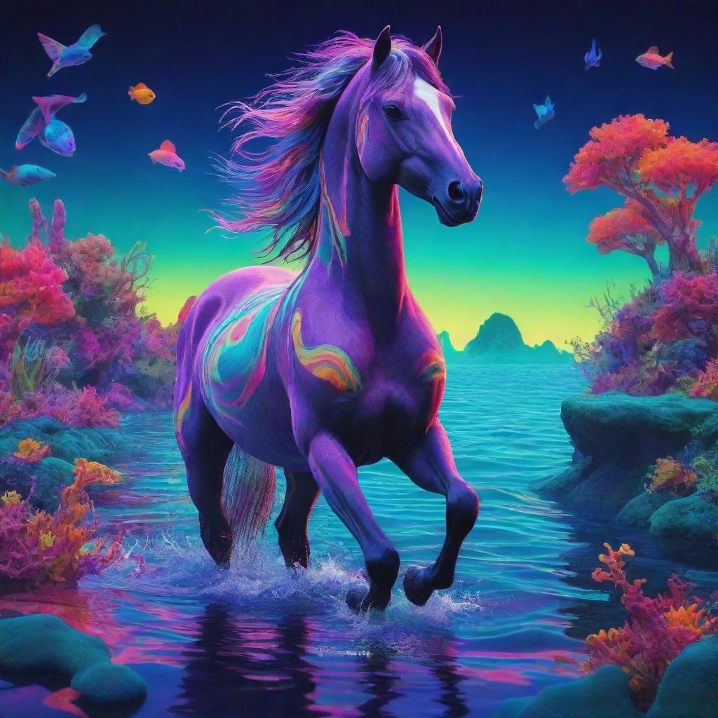 Animated horse under the sea in psychedelic neon hues, set against an aquatic landscape infused with vibrant, colorful LSD inspired elements creating a surreal, mind-bending scene