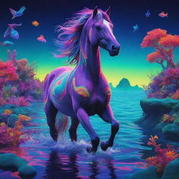 Animated horse under the sea in psychedelic neon hues, set against an aquatic landscape infused with vibrant, colorful LSD inspired elements creating a surreal, mind-bending scene