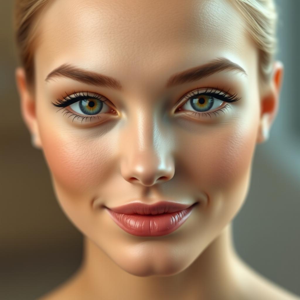 ultra-realistic human face, perfect symmetry, smooth skin, captivating eyes, balanced and harmonious facial features, warm and inviting expression, natural makeup enhancing beauty, photo-realistic detailing, soft and gentle lighting, background blurred to focus on face