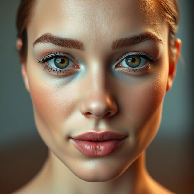 ultra-realistic human face, perfect symmetry, smooth skin, captivating eyes, balanced and harmonious facial features, warm and inviting expression, natural makeup enhancing beauty, photo-realistic detailing, soft and gentle lighting, background blurred to focus on face