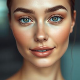 ultra-realistic human face, perfect symmetry, smooth skin, captivating eyes, balanced and harmonious facial features, warm and inviting expression, natural makeup enhancing beauty, photo-realistic detailing, soft and gentle lighting, background blurred to focus on face