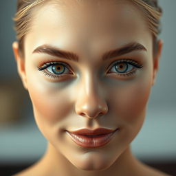 ultra-realistic human face, perfect symmetry, smooth skin, captivating eyes, balanced and harmonious facial features, warm and inviting expression, natural makeup enhancing beauty, photo-realistic detailing, soft and gentle lighting, background blurred to focus on face