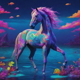 Animated horse under the sea in psychedelic neon hues, set against an aquatic landscape infused with vibrant, colorful LSD inspired elements creating a surreal, mind-bending scene