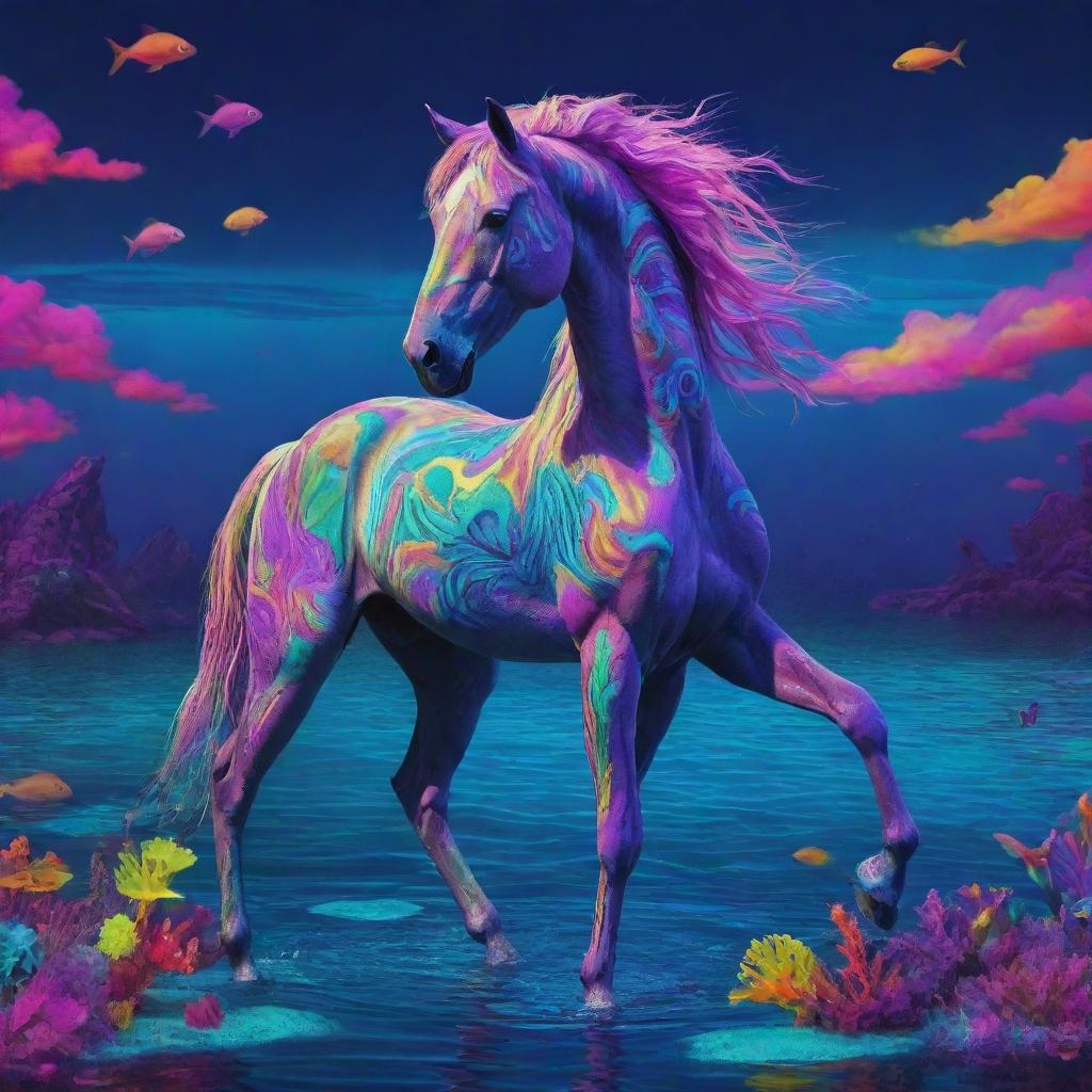 Animated horse under the sea in psychedelic neon hues, set against an aquatic landscape infused with vibrant, colorful LSD inspired elements creating a surreal, mind-bending scene
