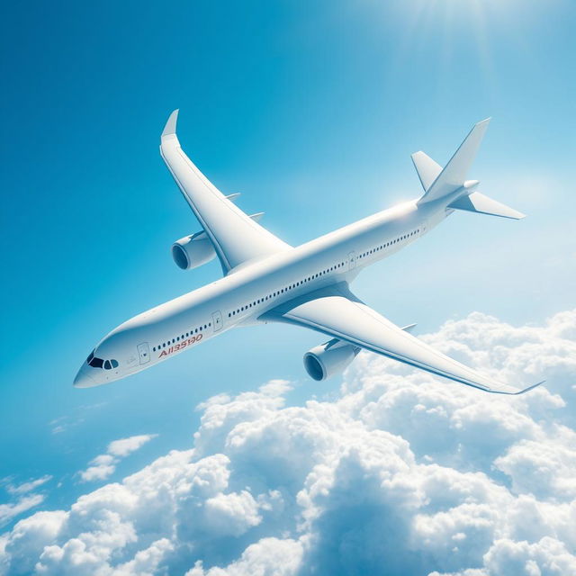 An Airbus A350-900 airplane soaring gracefully through a clear blue sky