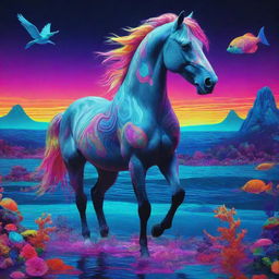 Animated horse under the sea in psychedelic neon hues, set against an aquatic landscape infused with vibrant, colorful LSD inspired elements creating a surreal, mind-bending scene