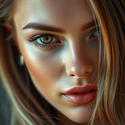 stunningly beautiful woman's face, striking facial symmetry, flawless complexion, deep and expressive eyes, elegant and refined features, radiant and glowing skin, subtle and sophisticated makeup, long flowing hair, captivating gaze, soft and ethereal lighting, luxurious and opulent aura