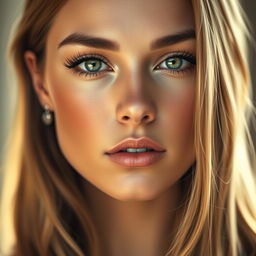 stunningly beautiful woman's face, striking facial symmetry, flawless complexion, deep and expressive eyes, elegant and refined features, radiant and glowing skin, subtle and sophisticated makeup, long flowing hair, captivating gaze, soft and ethereal lighting, luxurious and opulent aura