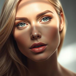 stunningly beautiful woman's face, striking facial symmetry, flawless complexion, deep and expressive eyes, elegant and refined features, radiant and glowing skin, subtle and sophisticated makeup, long flowing hair, captivating gaze, soft and ethereal lighting, luxurious and opulent aura