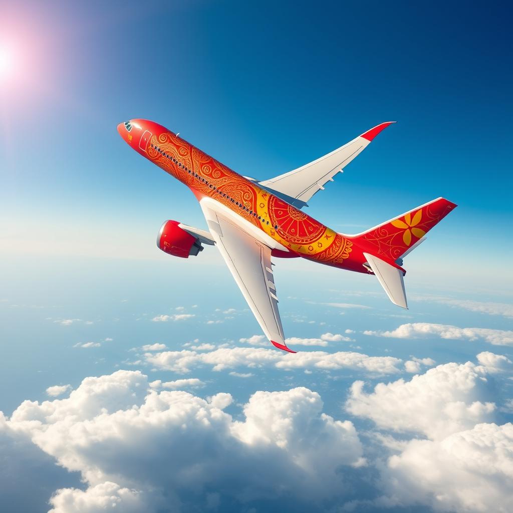 A custom-painted Airbus A350-900 flying majestically through the skies, showcasing a striking red and yellow color scheme inspired by Balkan motifs