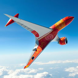 A custom-painted Airbus A350-900 flying majestically through the skies, showcasing a striking red and yellow color scheme inspired by Balkan motifs