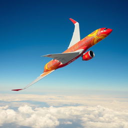 A custom-painted Airbus A350-900 flying majestically through the skies, showcasing a striking red and yellow color scheme inspired by Balkan motifs