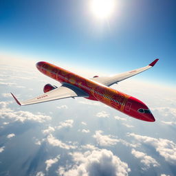 A custom-painted Airbus A350-900 flying majestically through the skies, showcasing a striking red and yellow color scheme inspired by Balkan motifs