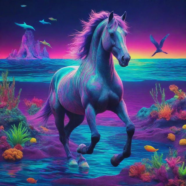 Animated horse under the sea in psychedelic neon hues, set against an aquatic landscape infused with vibrant, colorful LSD inspired elements creating a surreal, mind-bending scene