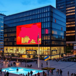 A cube-shaped office building featuring a modern glass facade with a multi-story through-opening shaped like the map of Ukraine