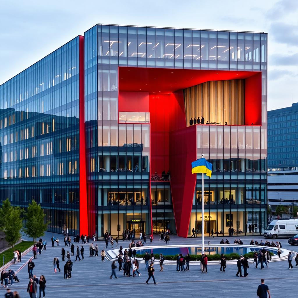 A cube-shaped office building featuring a modern glass facade with a multi-story through-opening shaped like the map of Ukraine