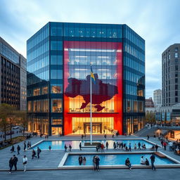 A cube-shaped office building featuring a modern glass facade with a multi-story through-opening shaped like the map of Ukraine