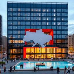 A cube-shaped office building featuring a modern glass facade with a multi-story through-opening shaped like the map of Ukraine